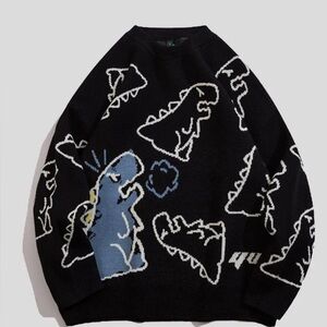 Chic Black Dinosaur Pattern Sweater
